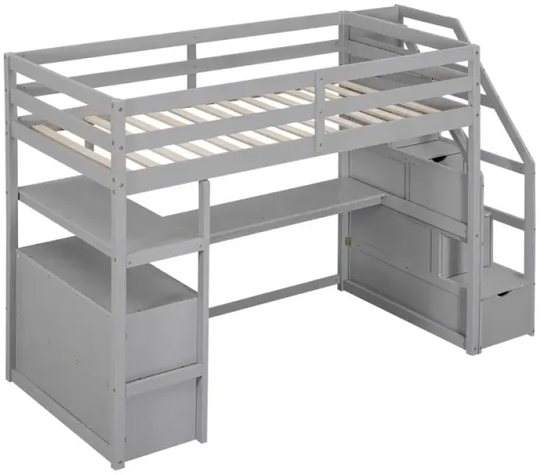 Whisen Twin Size Wood Loft Bed with Desk, Shelves, Two Built-in Drawers and Storage Staircase - Gray