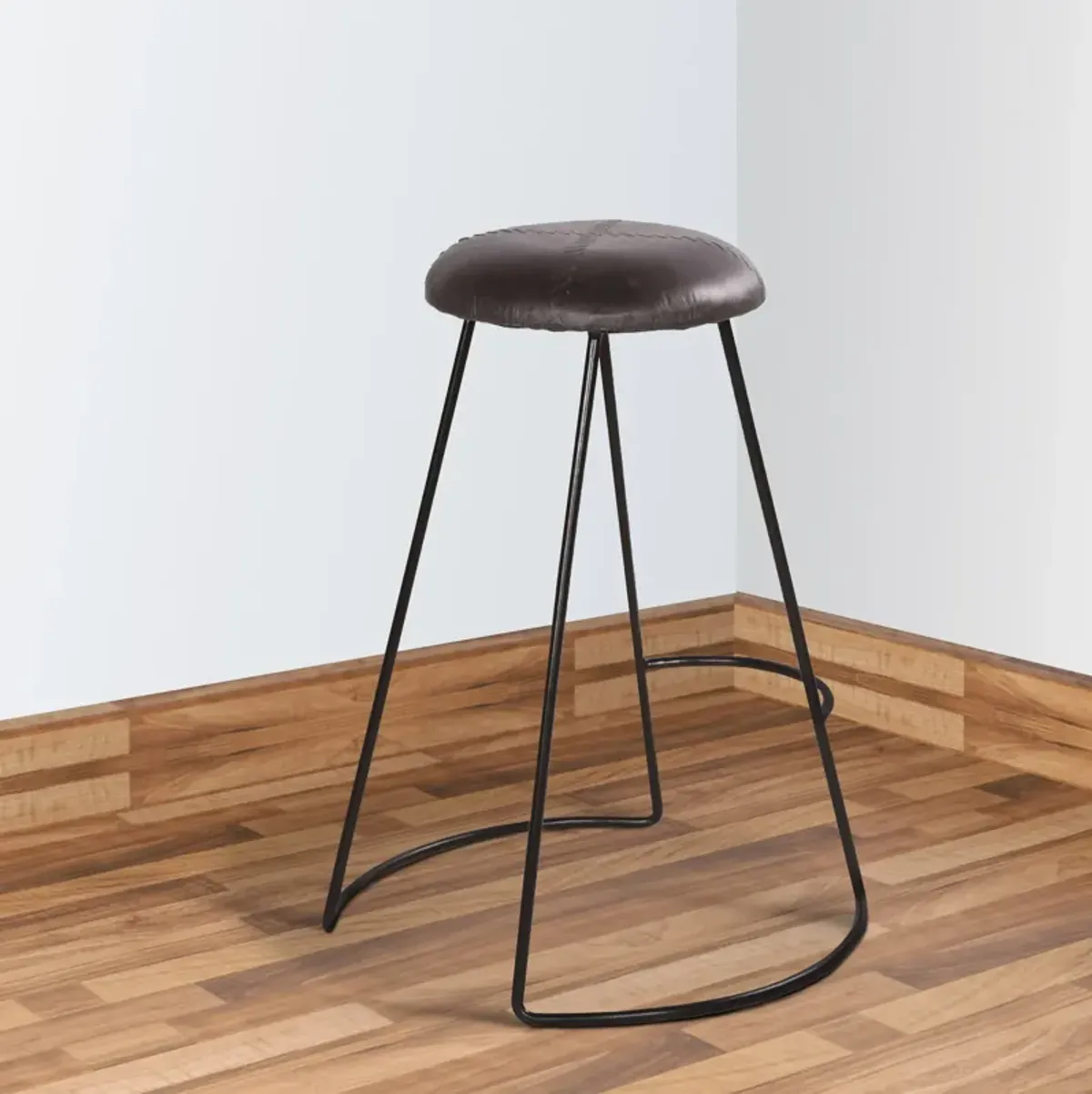 26 Inch Modern Counter Height Stool, Genuine Leather Upholstery, Metal Frame, Baseball Stitching, Black-Benzara