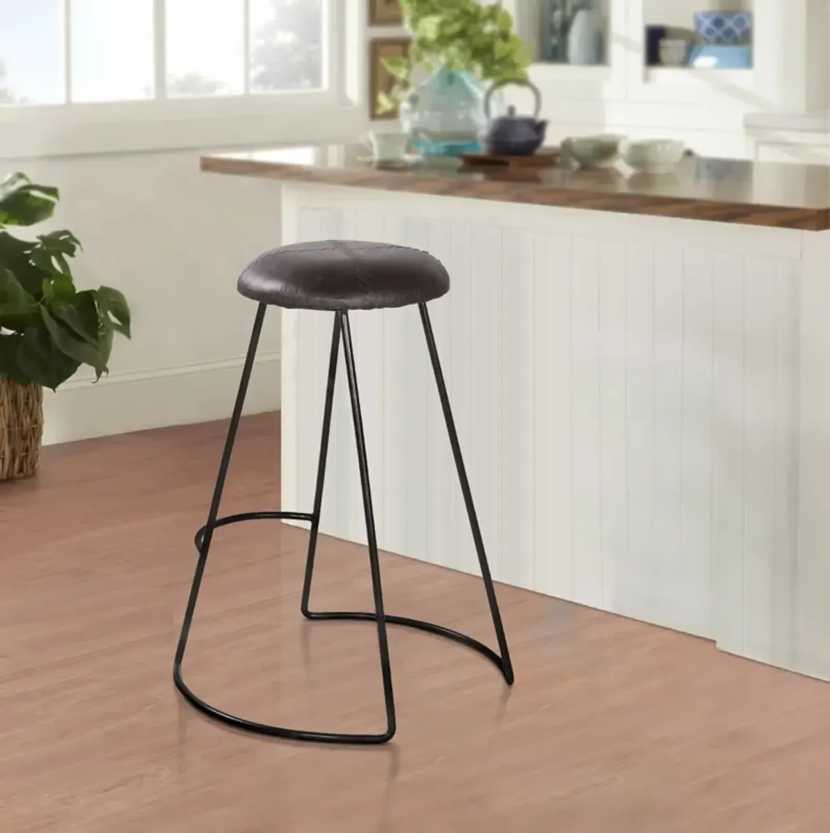 26 Inch Modern Counter Height Stool, Genuine Leather Upholstery, Metal Frame, Baseball Stitching, Black-Benzara