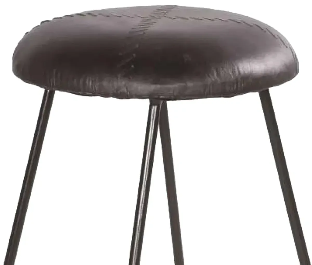 26 Inch Modern Counter Height Stool, Genuine Leather Upholstery, Metal Frame, Baseball Stitching, Black-Benzara