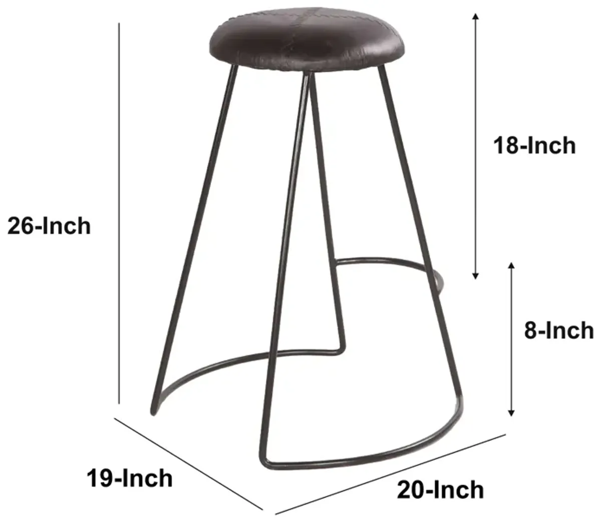 26 Inch Modern Counter Height Stool, Genuine Leather Upholstery, Metal Frame, Baseball Stitching, Black-Benzara