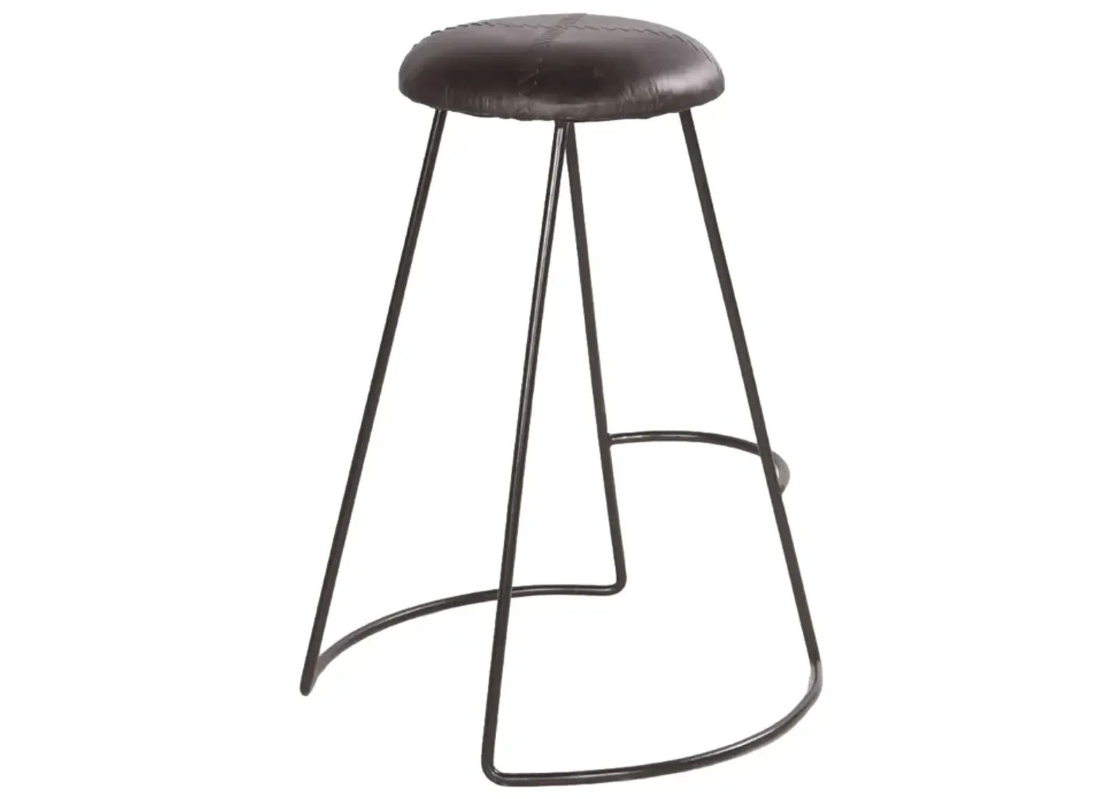 26 Inch Modern Counter Height Stool, Genuine Leather Upholstery, Metal Frame, Baseball Stitching, Black-Benzara