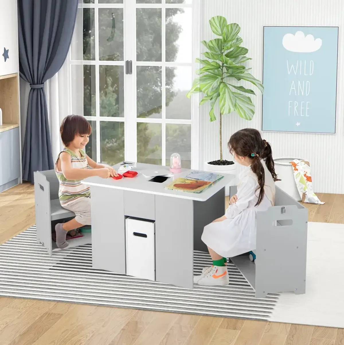 4-in-1 Kids Table and Chairs with Multiple Storage for Learning-Grey