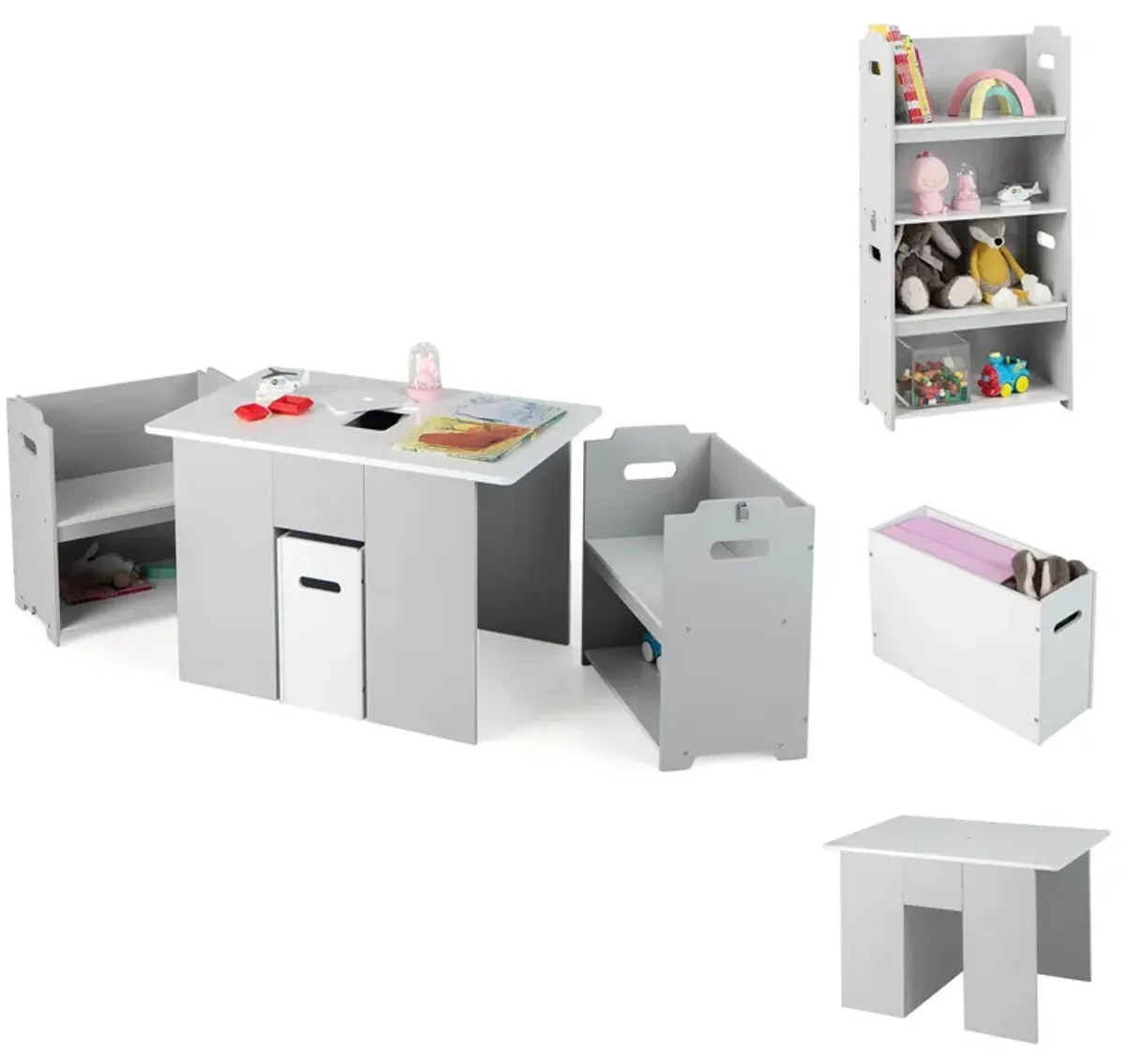 4-in-1 Kids Table and Chairs with Multiple Storage for Learning-Grey