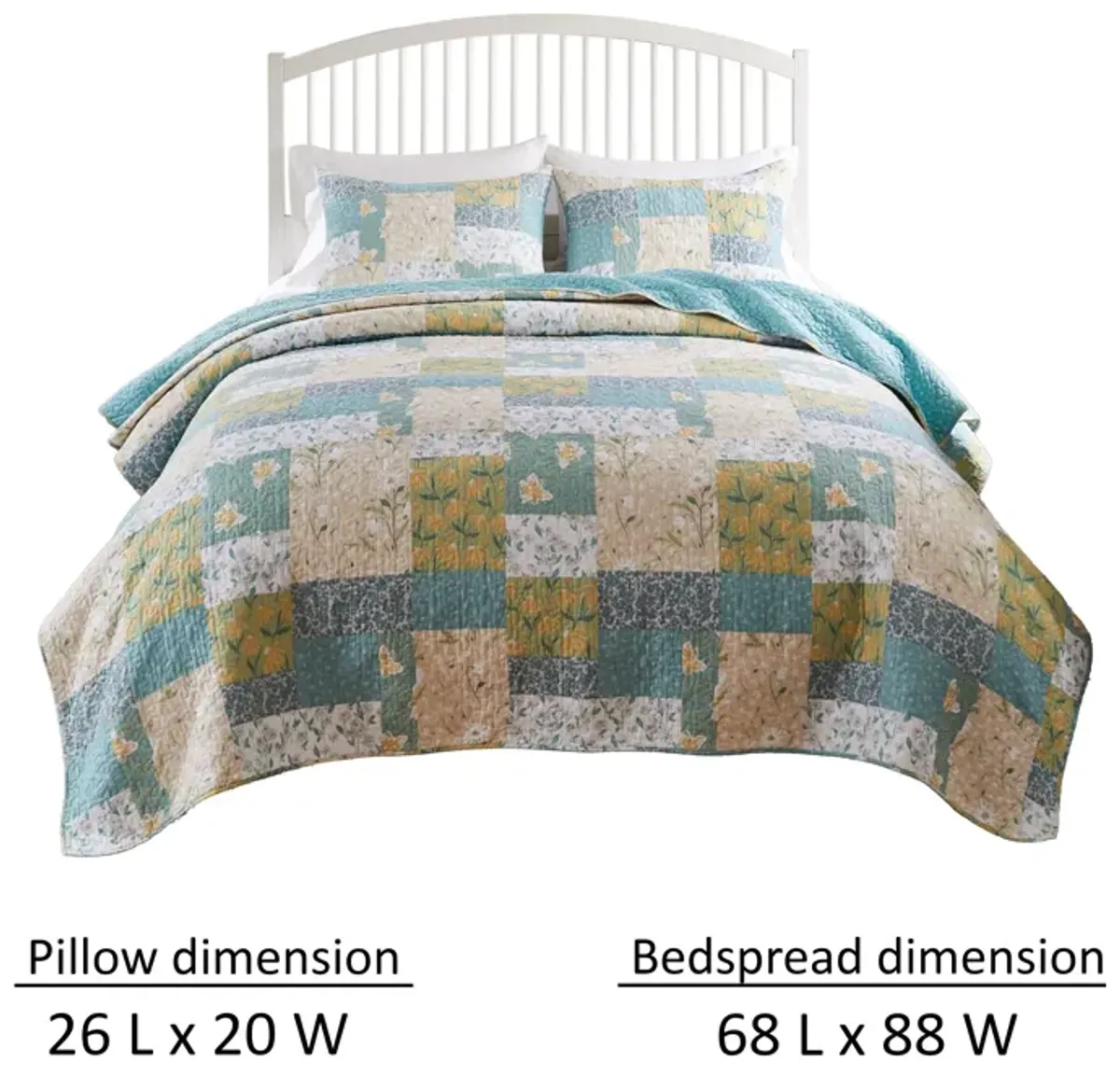 Evane 2pc XL Twin Size Quilt Set, Floral Design, Mist Blue and White Cotton