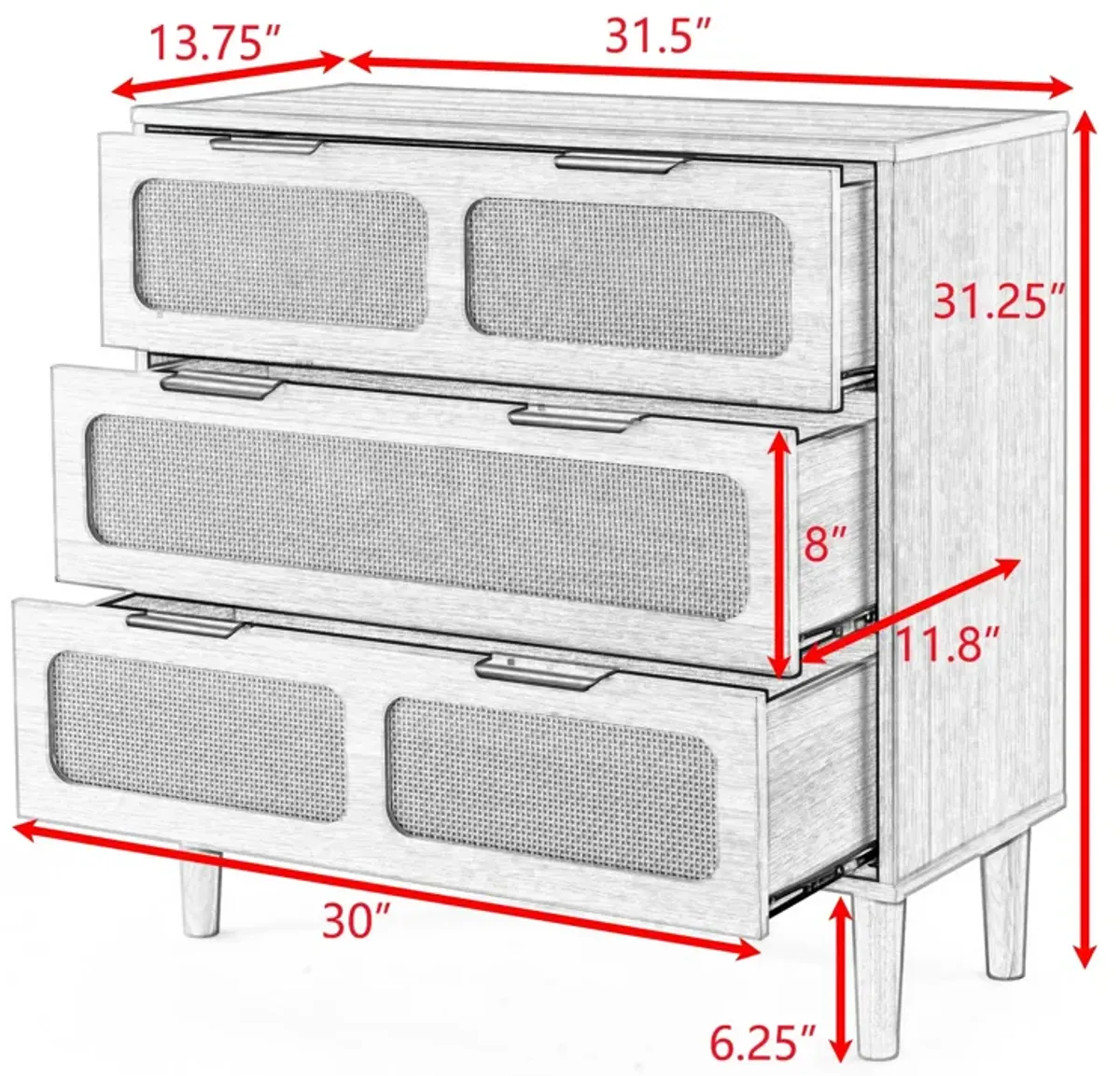 3 drawer dresser, modern rattan dresser cabinet, Black