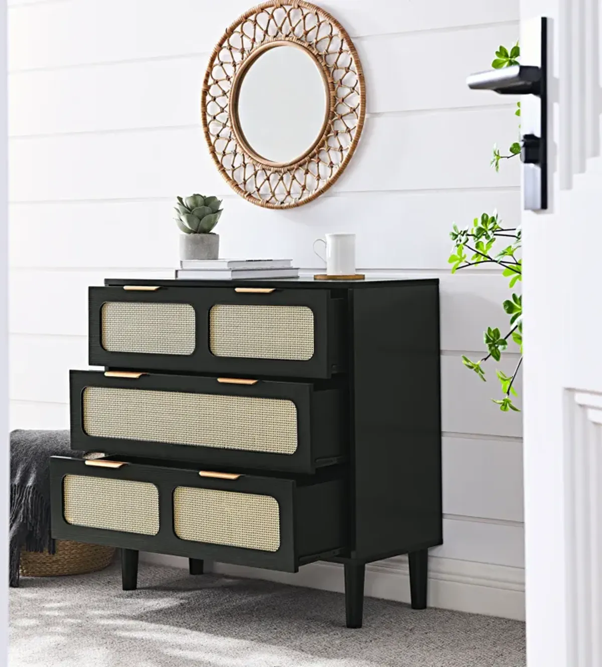 3 drawer dresser, modern rattan dresser cabinet, Black