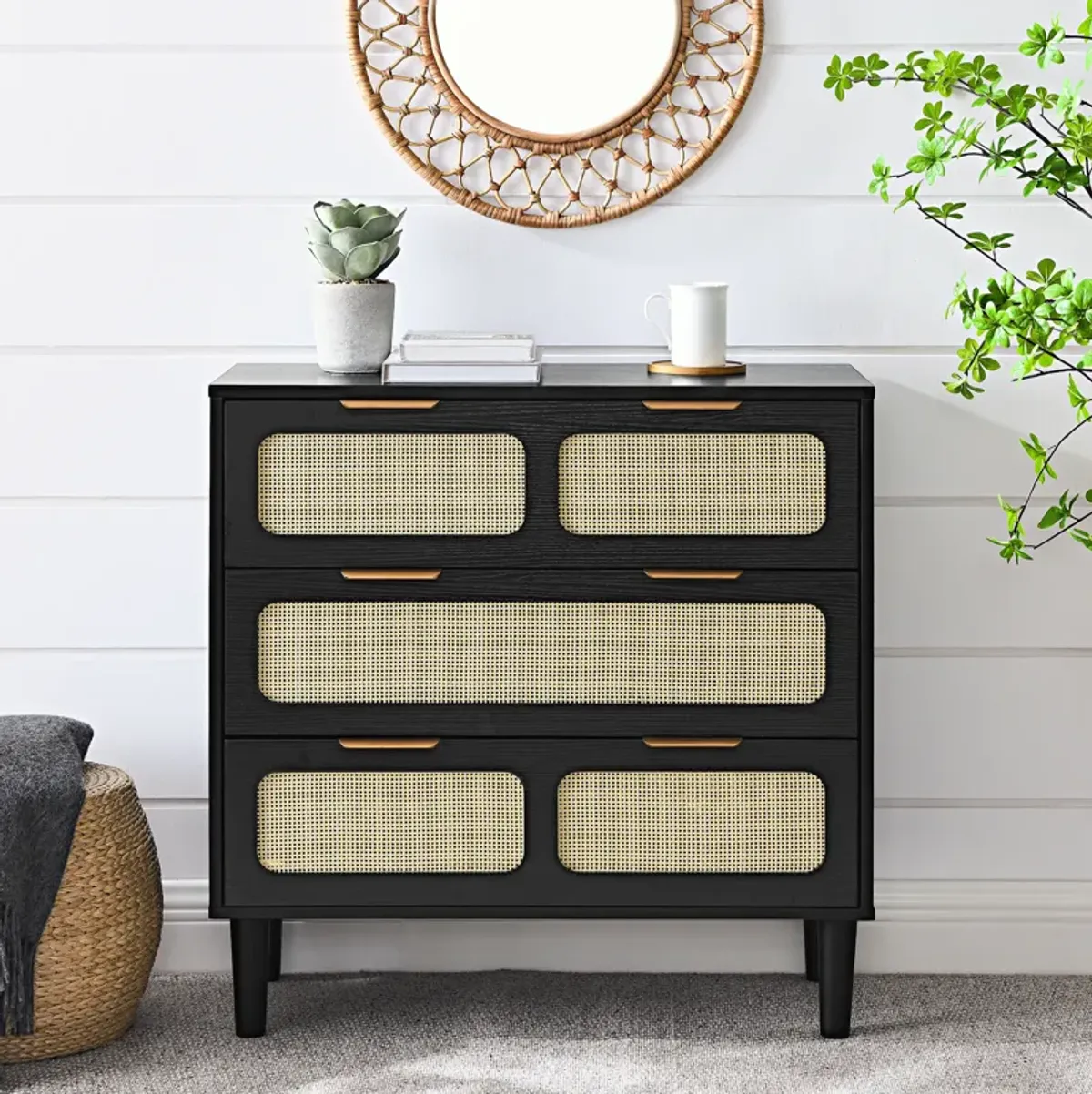 3 drawer dresser, modern rattan dresser cabinet, Black