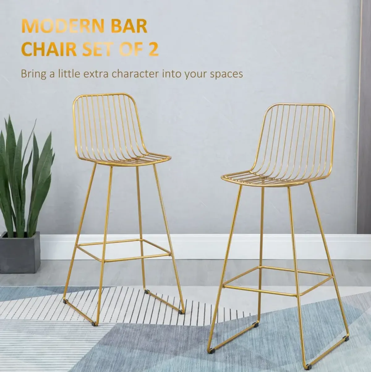 HOMCOM Modern Bar Stools, Metal Wire Bar Height Barstools, 30" Seat Height Bar Chairs for Kitchen with Back and Footrest, Set of 2, Gold