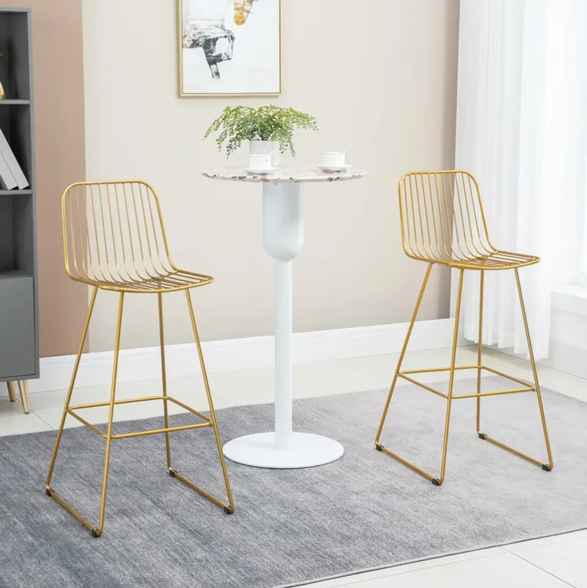 HOMCOM Modern Bar Stools, Metal Wire Bar Height Barstools, 30" Seat Height Bar Chairs for Kitchen with Back and Footrest, Set of 2, Gold