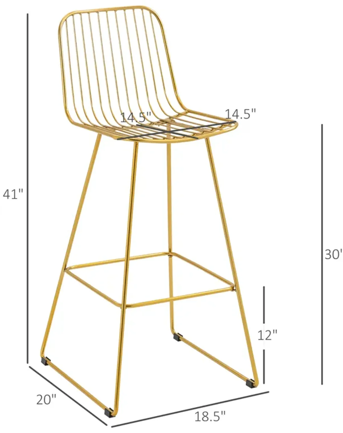 HOMCOM Modern Bar Stools, Metal Wire Bar Height Barstools, 30" Seat Height Bar Chairs for Kitchen with Back and Footrest, Set of 2, Gold