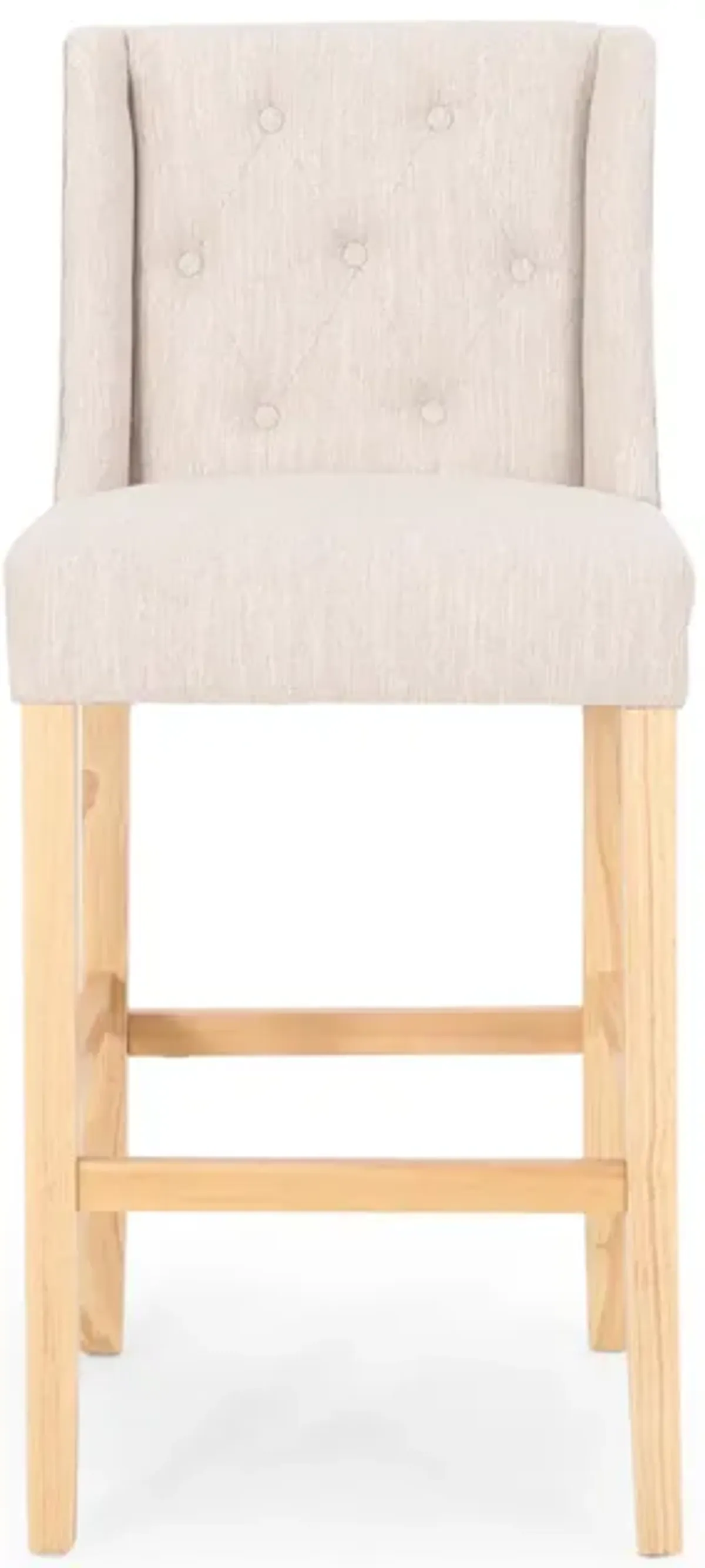 Seliva Barstool Chair Set of 2, Beige Fabric, Tufted Back, Brown Rubberwood - Benzara
