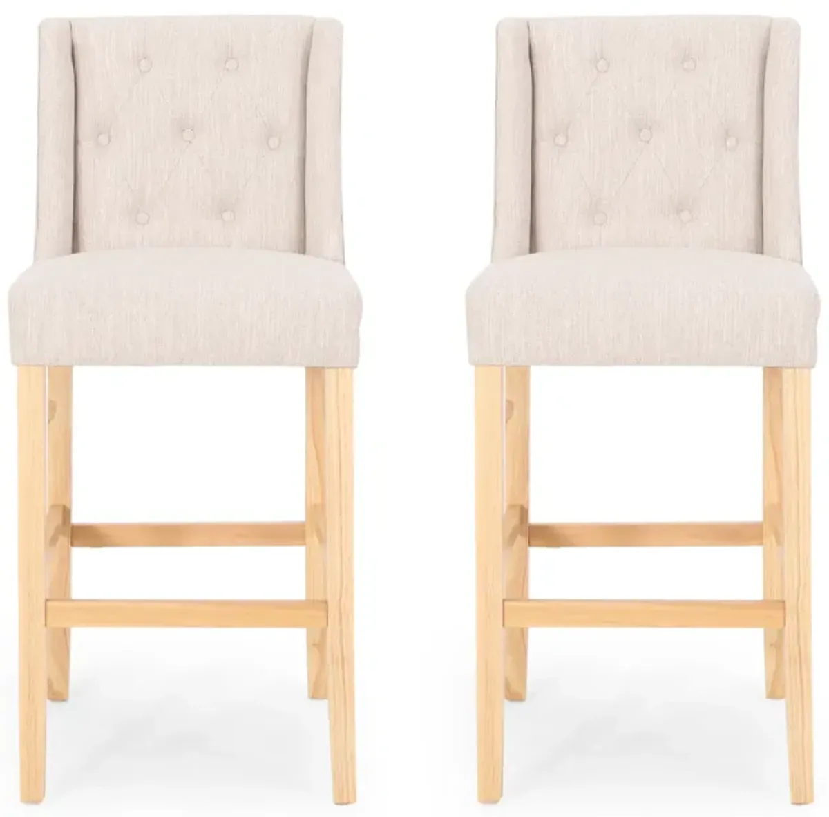Seliva Barstool Chair Set of 2, Beige Fabric, Tufted Back, Brown Rubberwood - Benzara