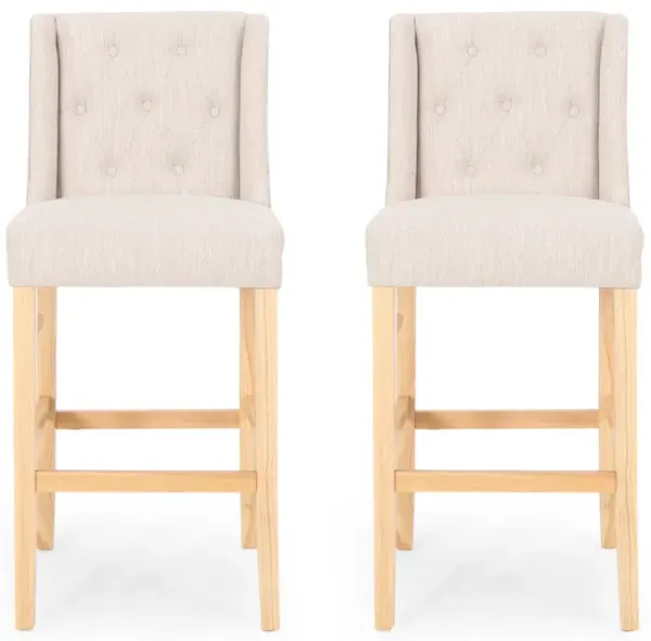 Seliva Barstool Chair Set of 2, Beige Fabric, Tufted Back, Brown Rubberwood - Benzara
