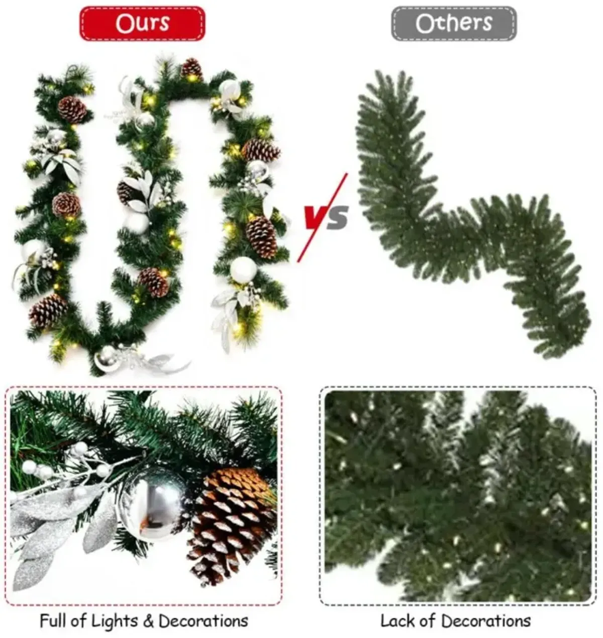 Hivvago 9 Feet Pre-Lit Artificial Christmas Garland with LED Lights