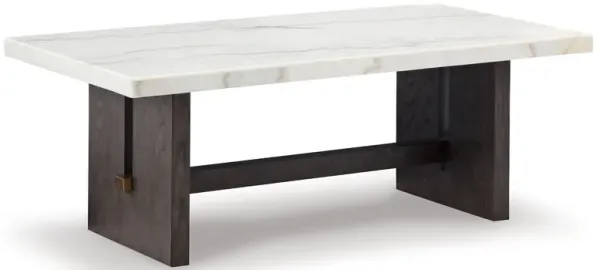 Haus Cocktail Coffee Table, Marble Top, Panel Legs, 52 Inch Brown Wood - Benzara