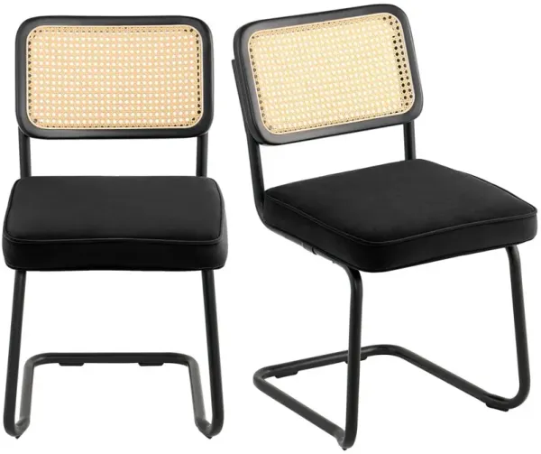Set of 2 Rattan Dining Chairs Mid Century Modern Velvet Upholstered Accent Chairs