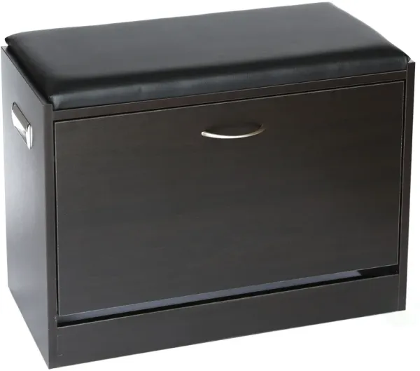 Black Wooden Fold-out Shoe Organizer - Shoe Storage Bench with Leather Cushion
