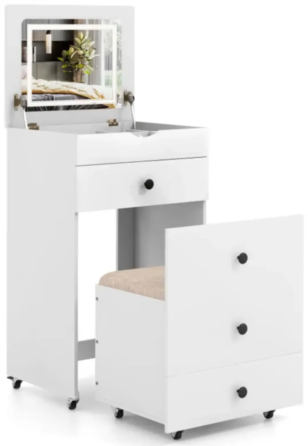 Hivvago 3-in-1 Vanity Set with Cushioned Stool and Flip-up Mirror-White