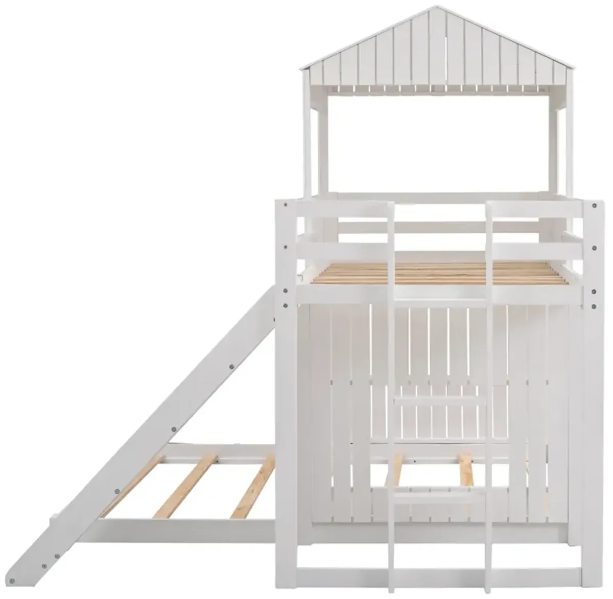 Wooden Twin Over Full Bunk Bed, Loft Bed With Playhouse, Farmhouse, Ladder, Slide And Guardrail