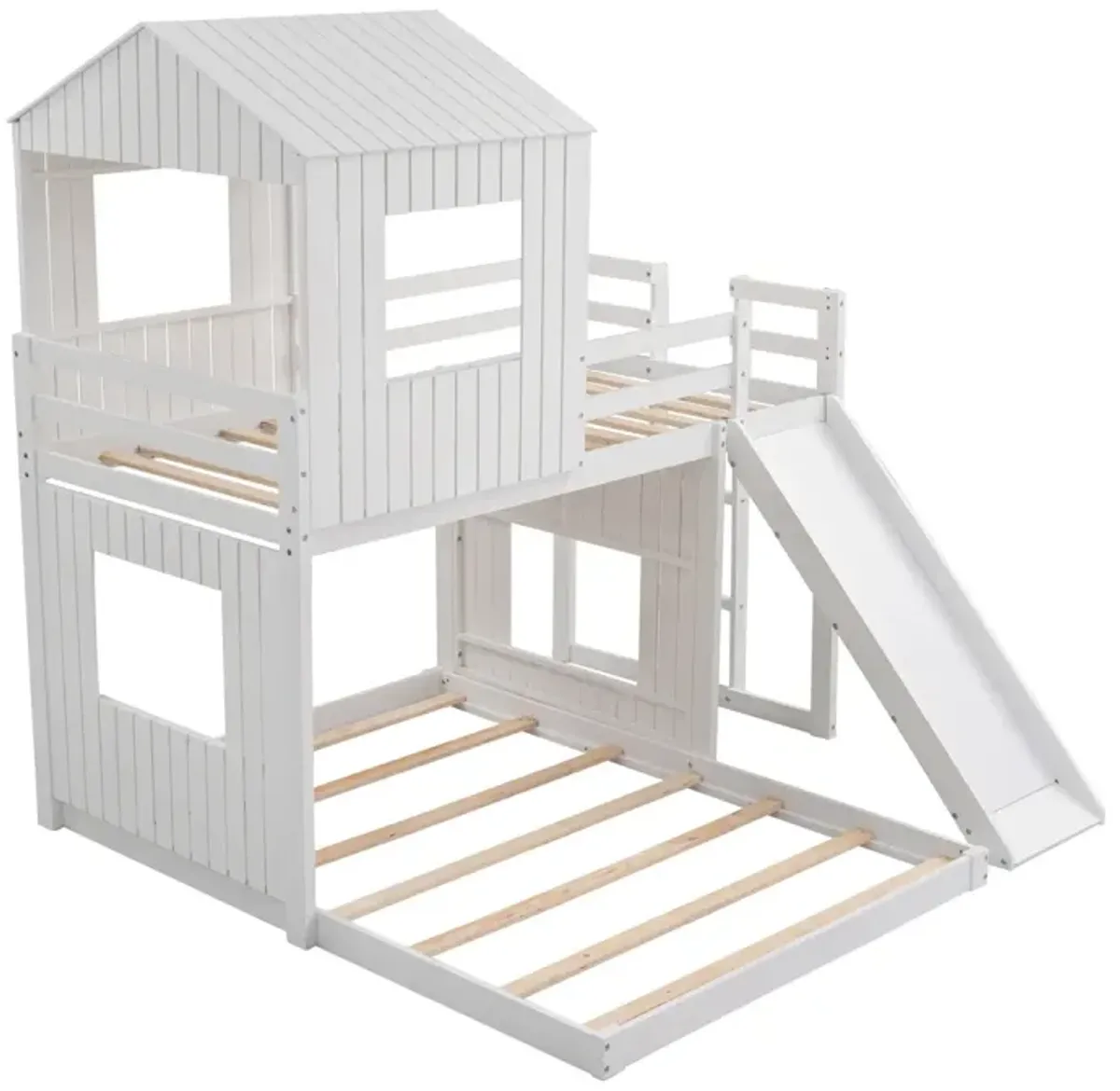 Wooden Twin Over Full Bunk Bed, Loft Bed With Playhouse, Farmhouse, Ladder, Slide And Guardrail