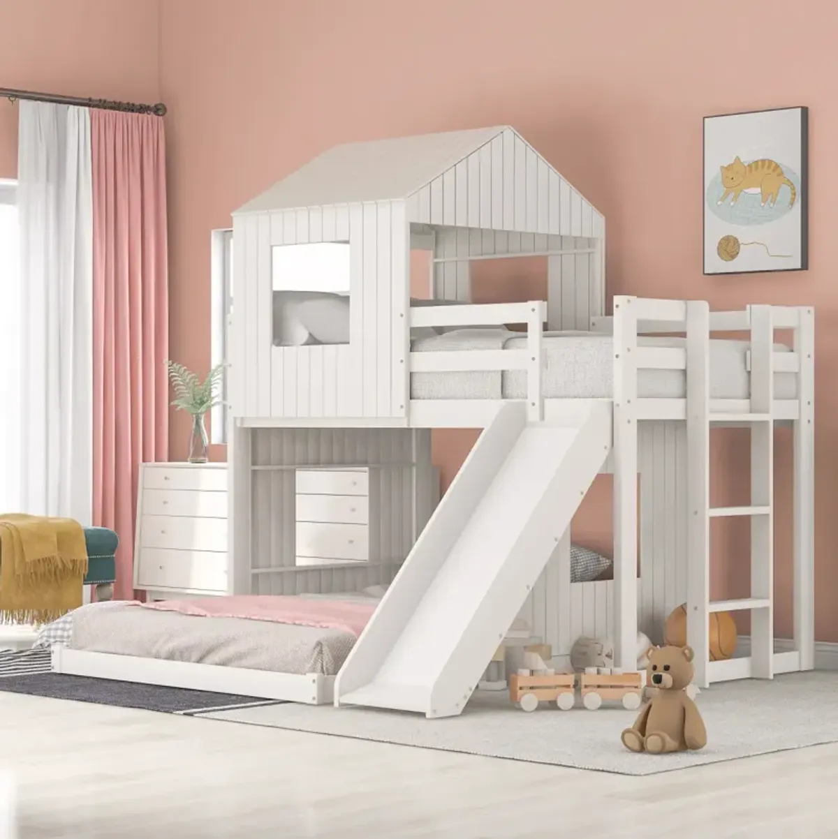 Wooden Twin Over Full Bunk Bed, Loft Bed With Playhouse, Farmhouse, Ladder, Slide And Guardrail