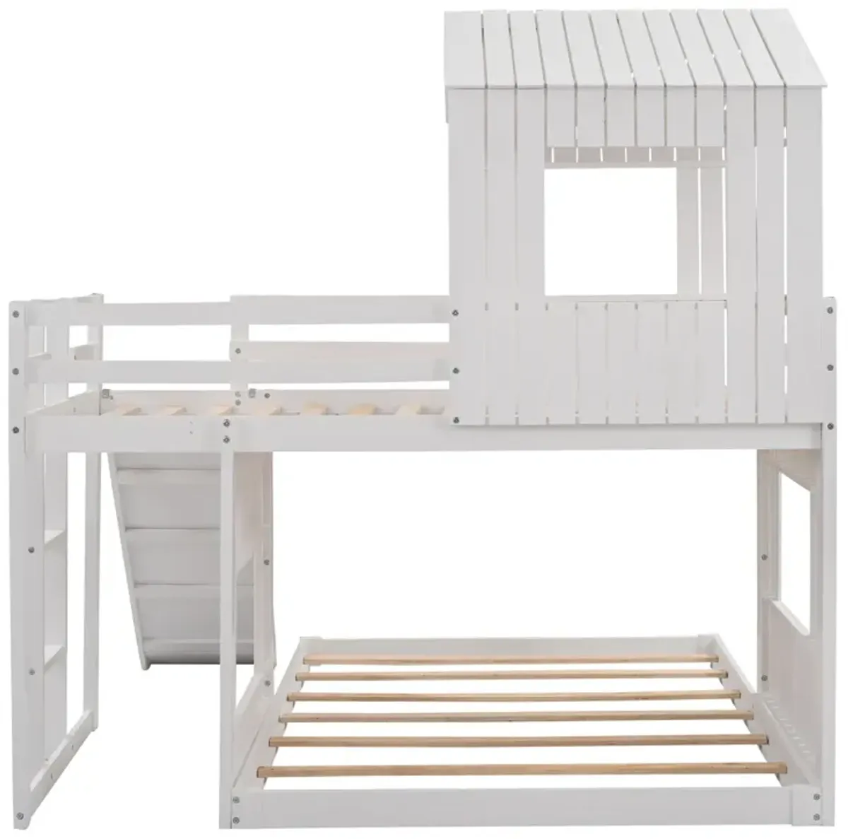 Wooden Twin Over Full Bunk Bed, Loft Bed With Playhouse, Farmhouse, Ladder, Slide And Guardrail