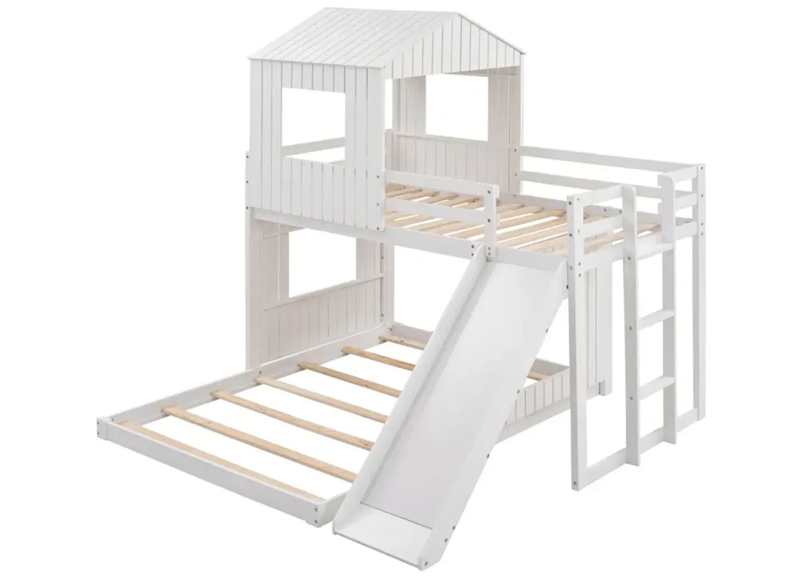 Wooden Twin Over Full Bunk Bed, Loft Bed With Playhouse, Farmhouse, Ladder, Slide And Guardrail