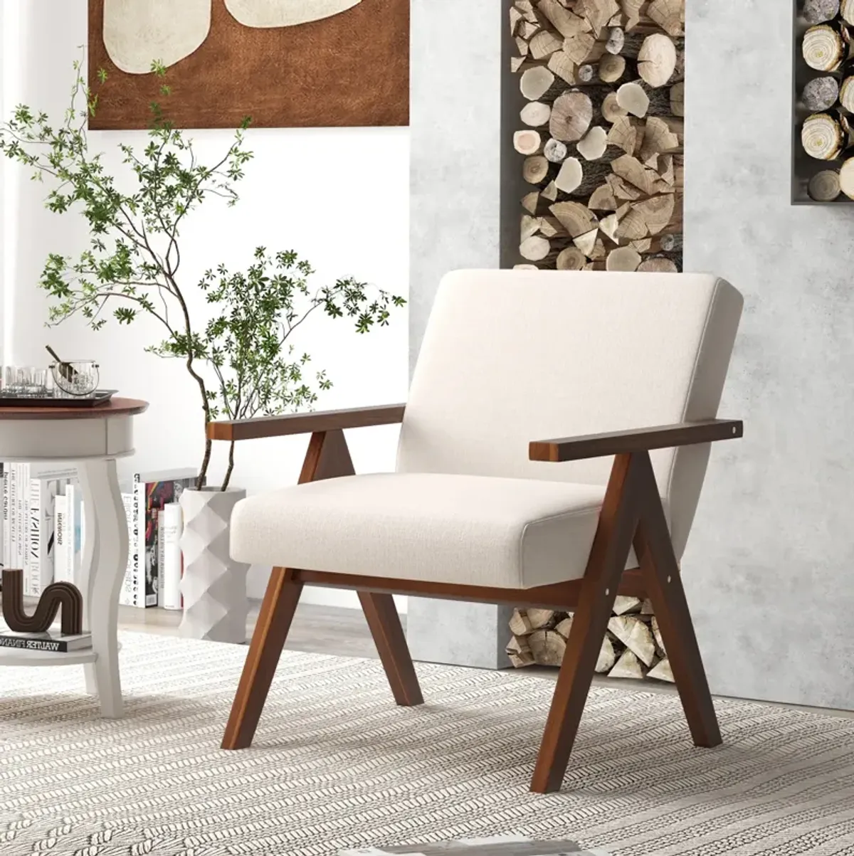 Modern Accent Chair Linen Fabric Armchair with Solid Acacia Wood Frame