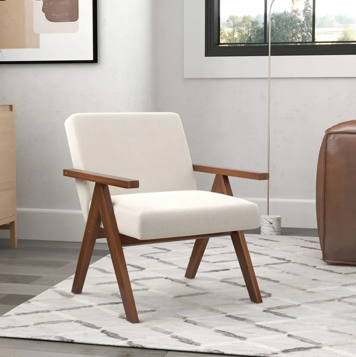 Modern Accent Chair Linen Fabric Armchair with Solid Acacia Wood Frame