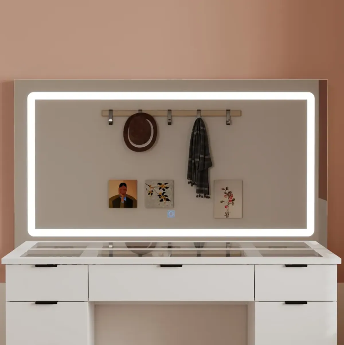 FUFU&GAGA White Vanity Desk with 3 Color Lighting Modes and Glass Top, 11 Drawers for Storage (43" W x 15" D x 55" H), White