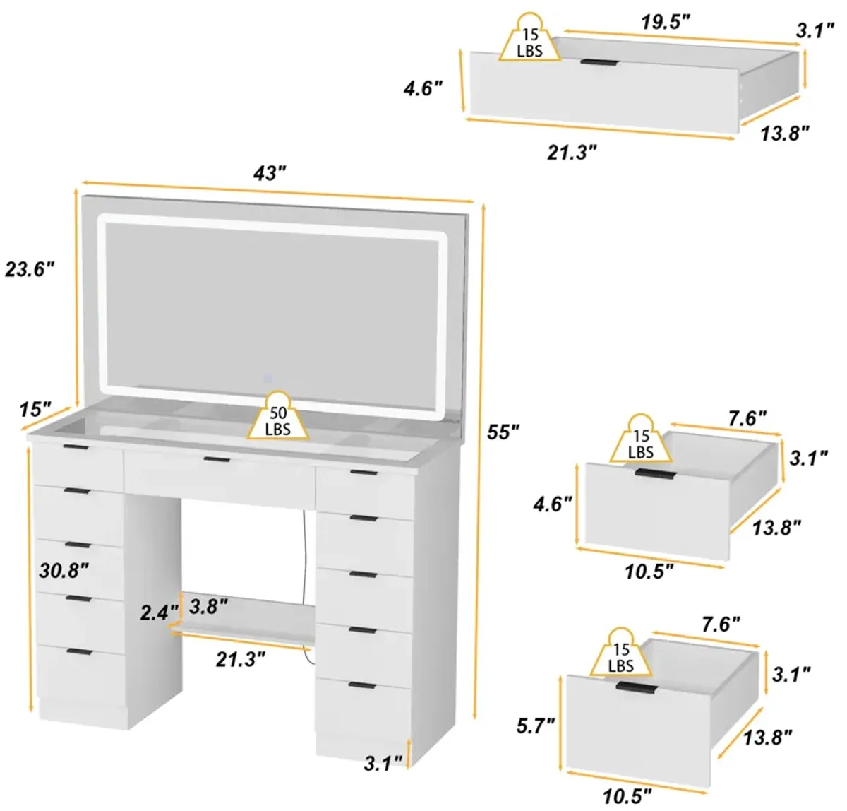 FUFU&GAGA White Vanity Desk with 3 Color Lighting Modes and Glass Top, 11 Drawers for Storage (43" W x 15" D x 55" H), White