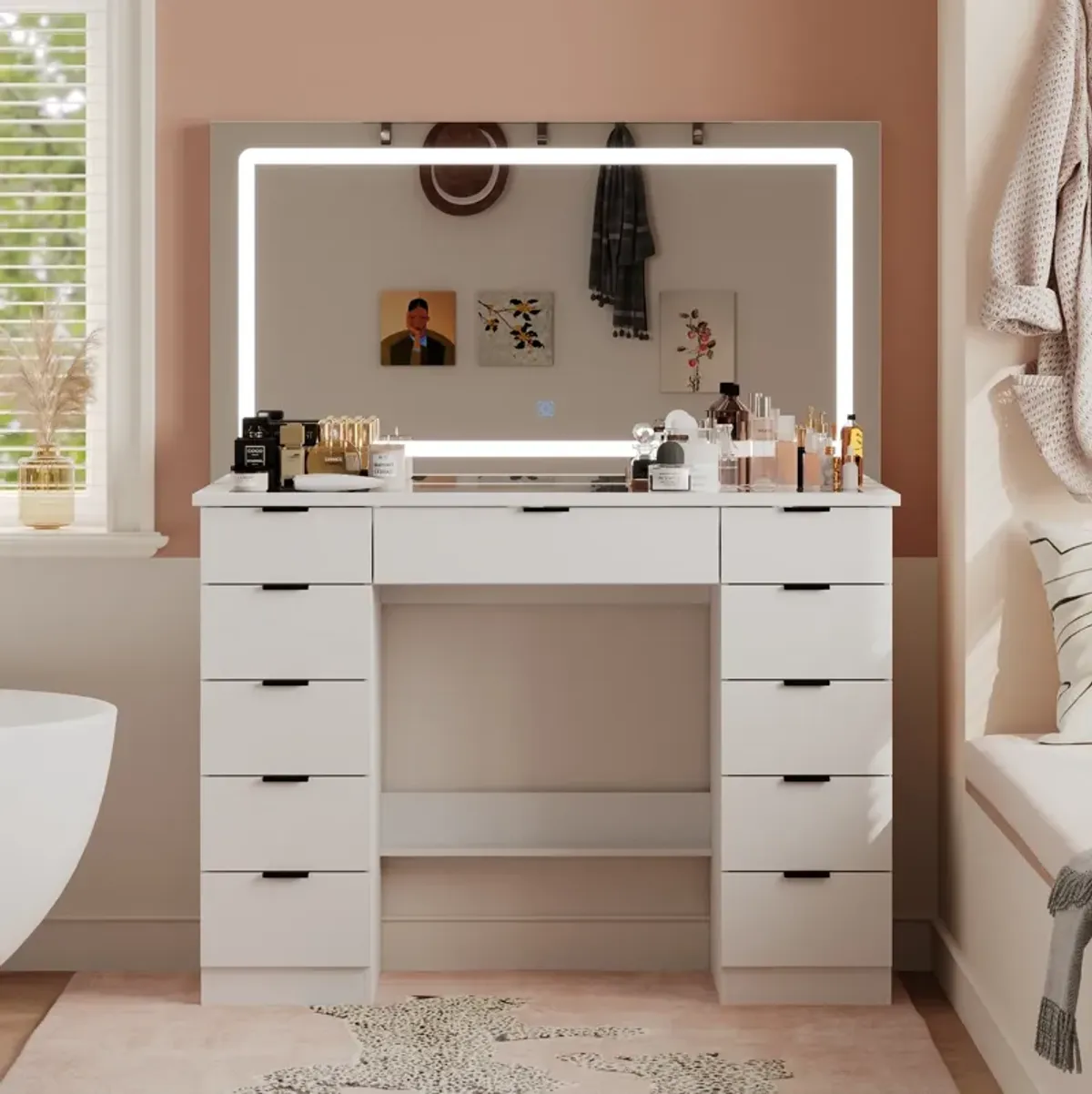 FUFU&GAGA White Vanity Desk with 3 Color Lighting Modes and Glass Top, 11 Drawers for Storage (43" W x 15" D x 55" H), White