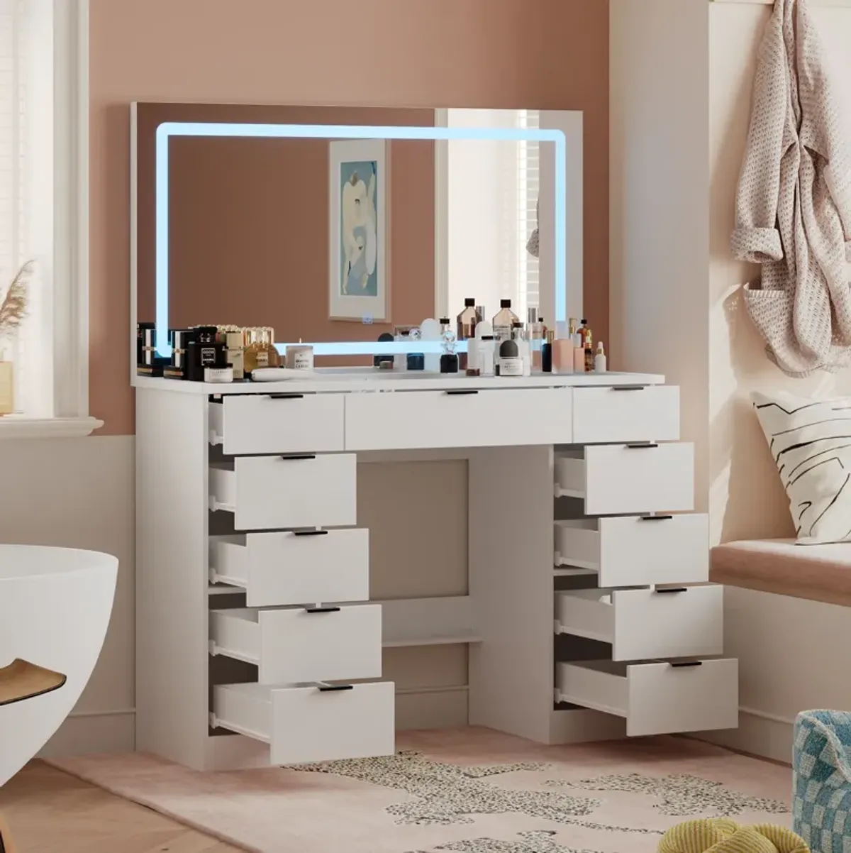 FUFU&GAGA White Vanity Desk with 3 Color Lighting Modes and Glass Top, 11 Drawers for Storage (43" W x 15" D x 55" H), White