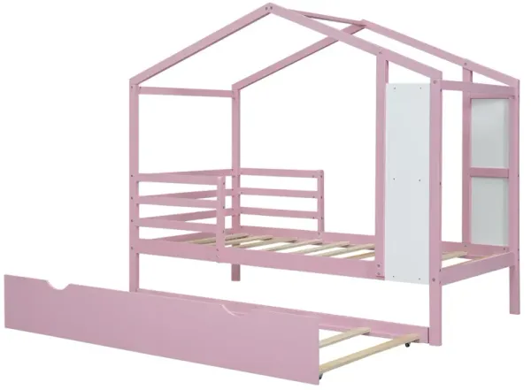 Twin Size Wood House Bed With Fence And Writing Board, Pink