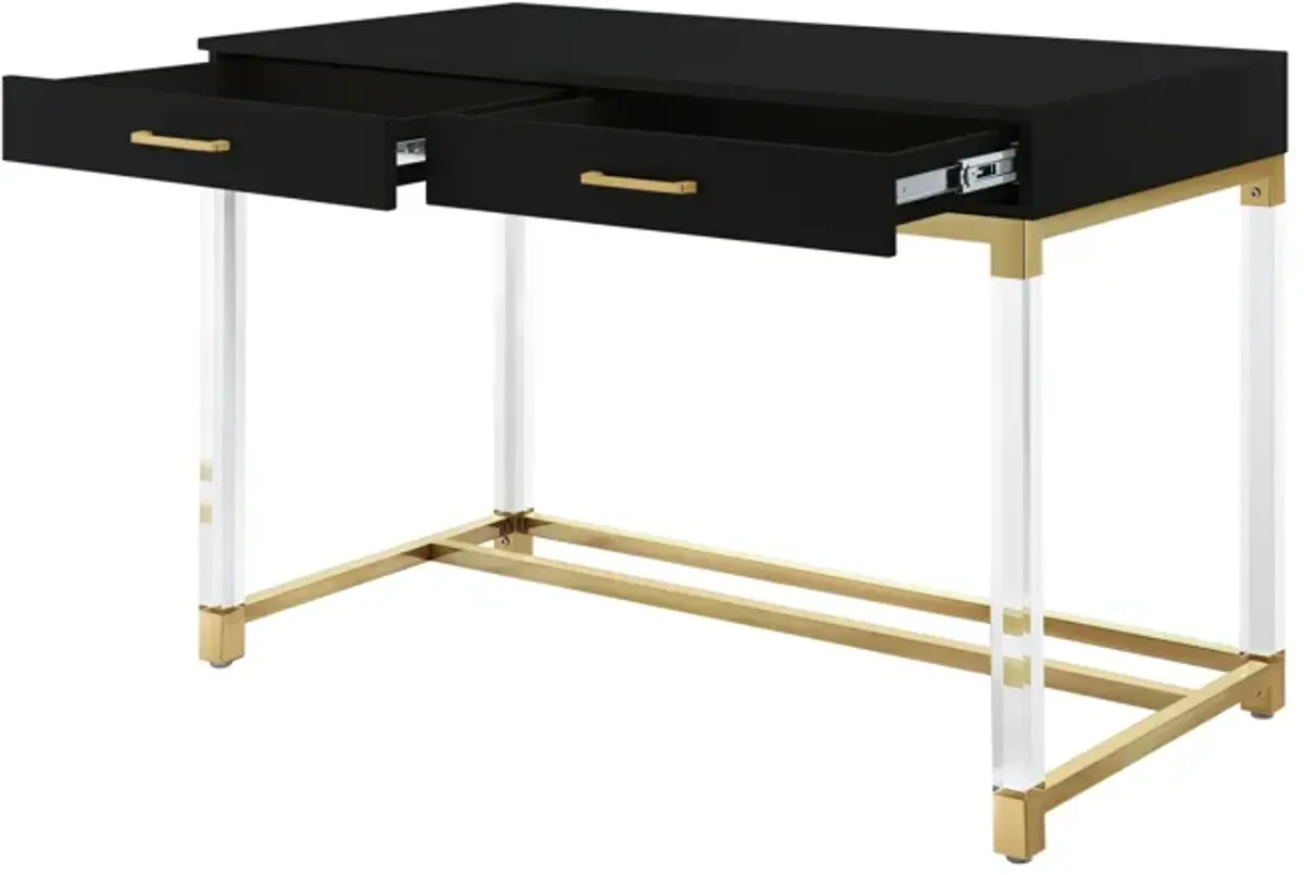 Inspired Home Kalel High Gloss 2 Drawers Writing Desk with Acrylic Legs and Stainless Steel Base