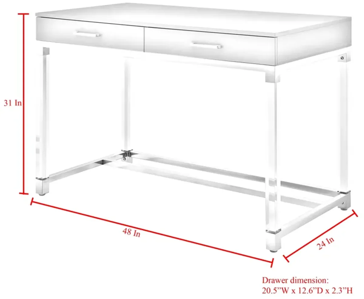 Inspired Home Kalel High Gloss 2 Drawers Writing Desk with Acrylic Legs and Stainless Steel Base