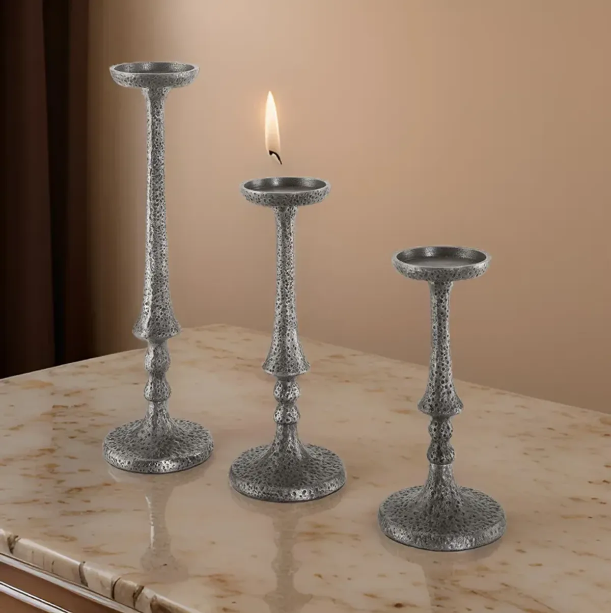 Ishika Candle Holder Set of 3, Cast Aluminium, Antique Pewter Gray Finish - Benzara