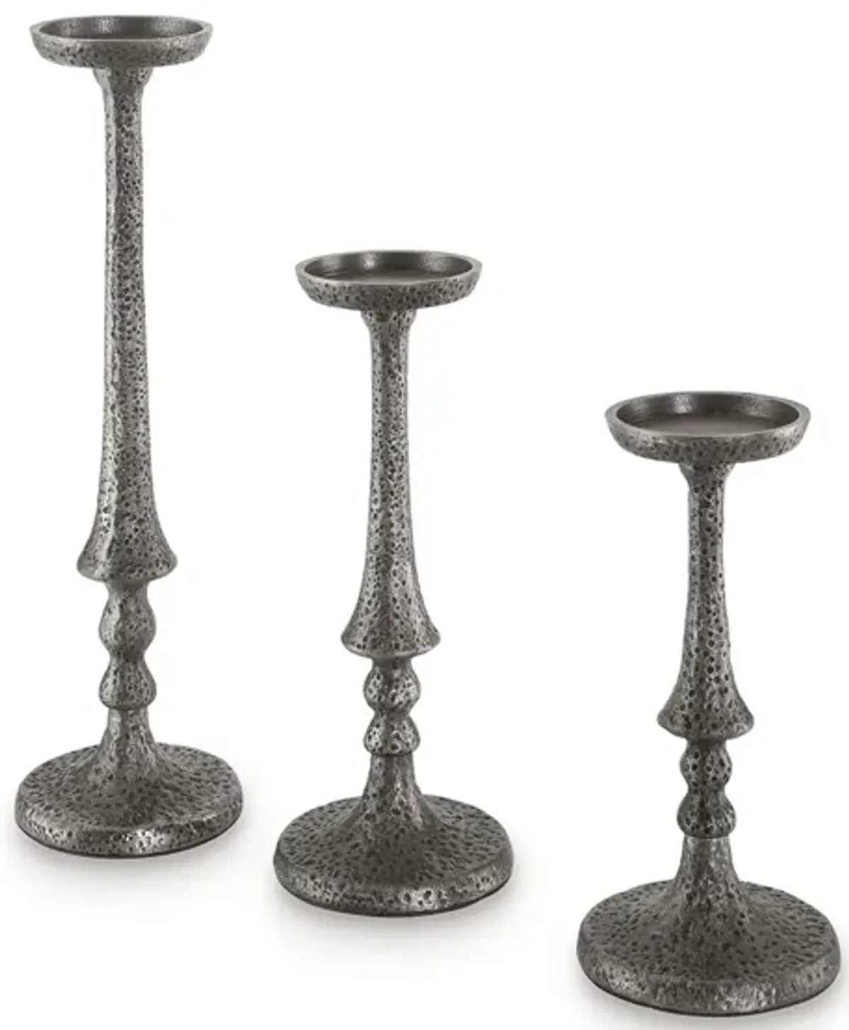 Ishika Candle Holder Set of 3, Cast Aluminium, Antique Pewter Gray Finish - Benzara