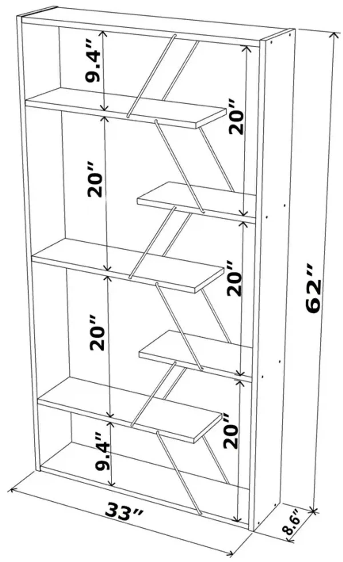 Wood Frame Etagere Open Back 6 Shelves Bookcase Industrial Bookshelf