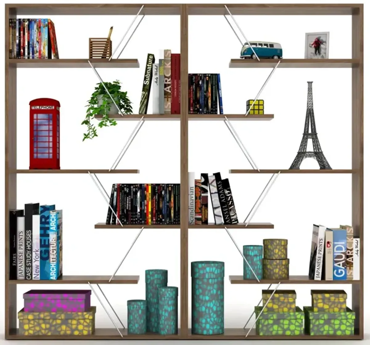 Wood Frame Etagere Open Back 6 Shelves Bookcase Industrial Bookshelf