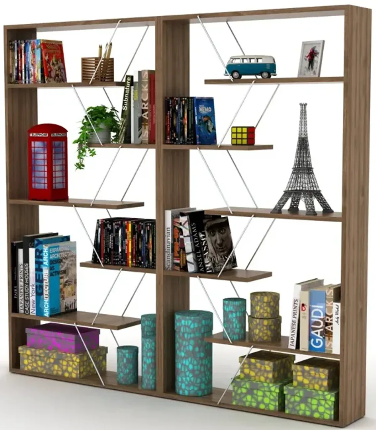 Wood Frame Etagere Open Back 6 Shelves Bookcase Industrial Bookshelf