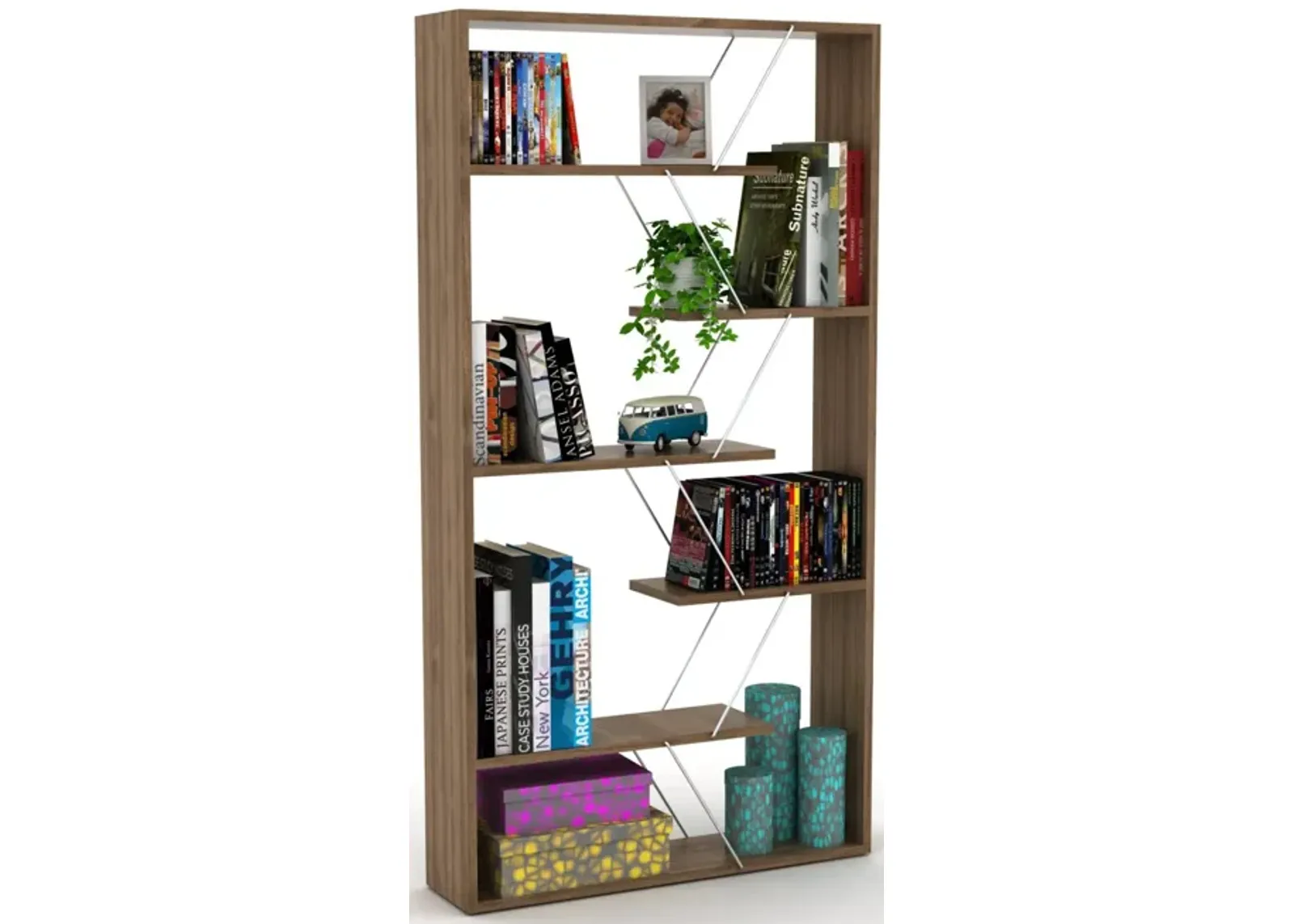 Wood Frame Etagere Open Back 6 Shelves Bookcase Industrial Bookshelf