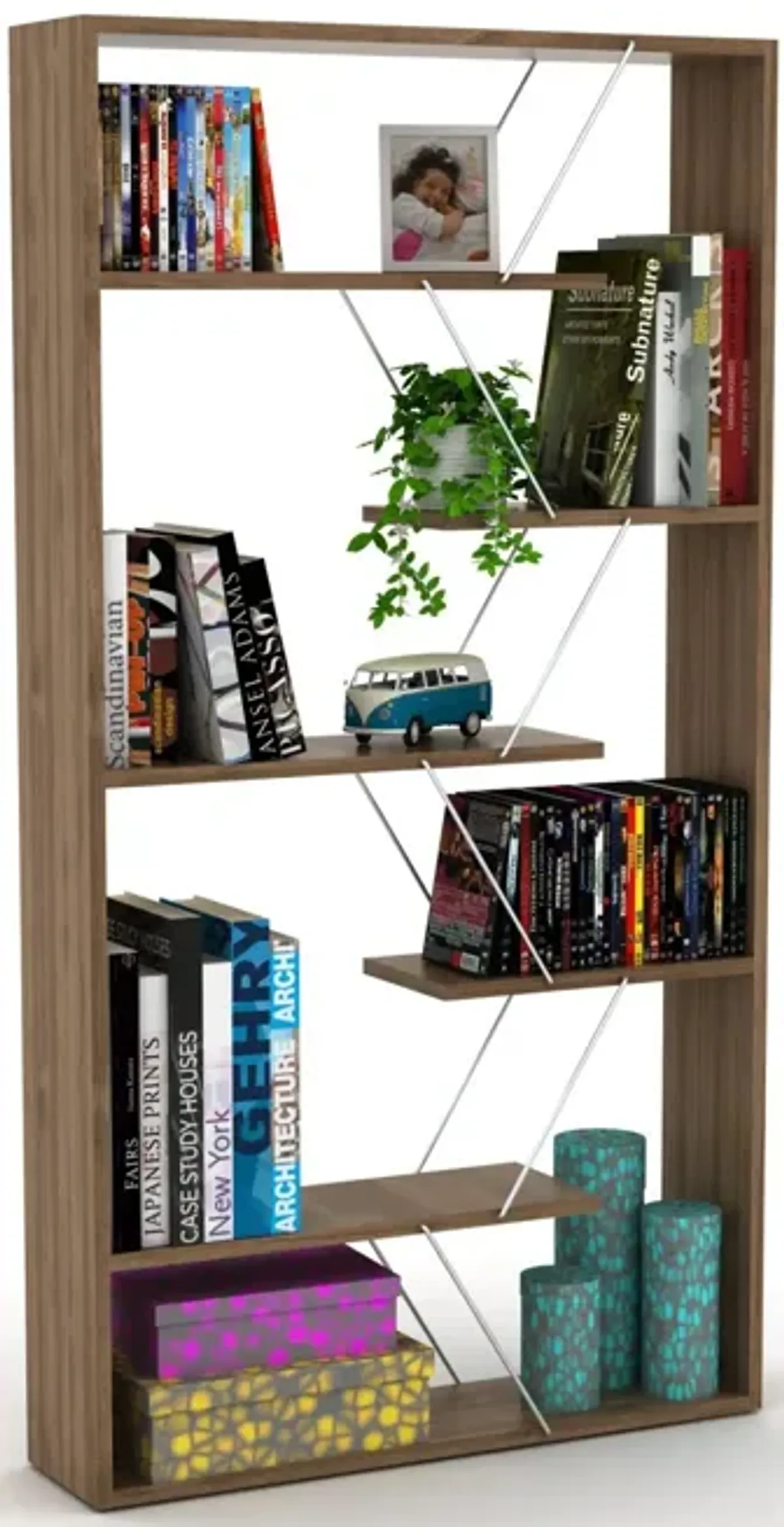 Wood Frame Etagere Open Back 6 Shelves Bookcase Industrial Bookshelf