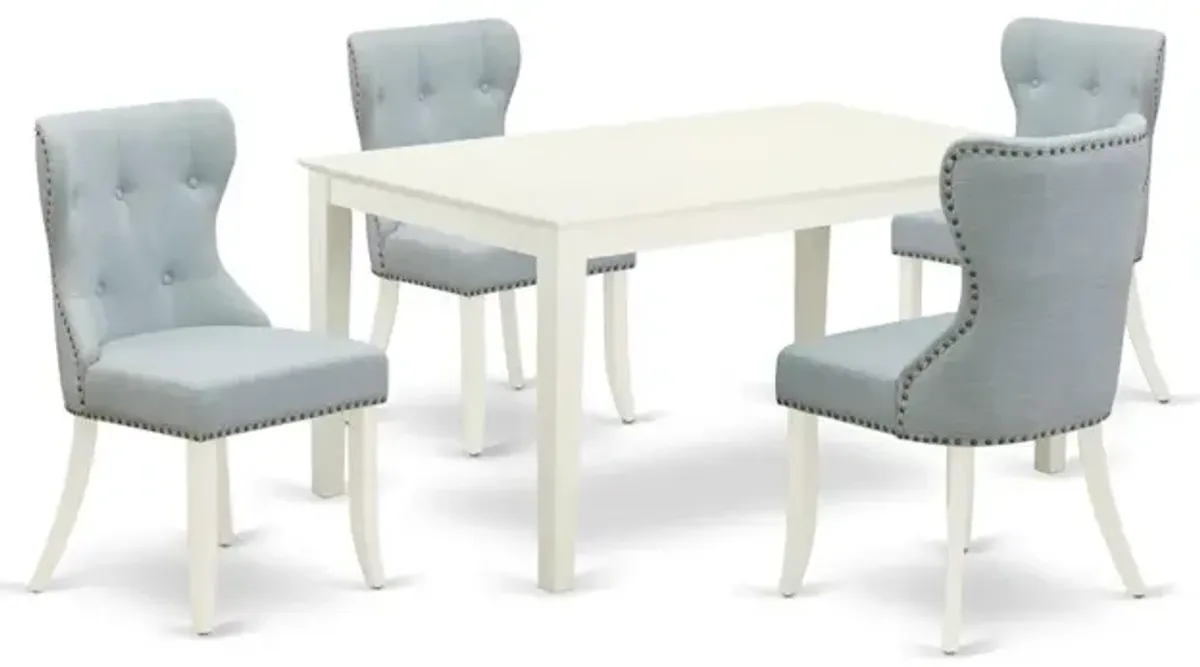 East-West Furniture CASI5-LWH-15 - A dining room table set of 4 amazing kitchen dining chairs with Linen Fabric Baby Blue color and a beautiful mid-century dining table with Linen White color