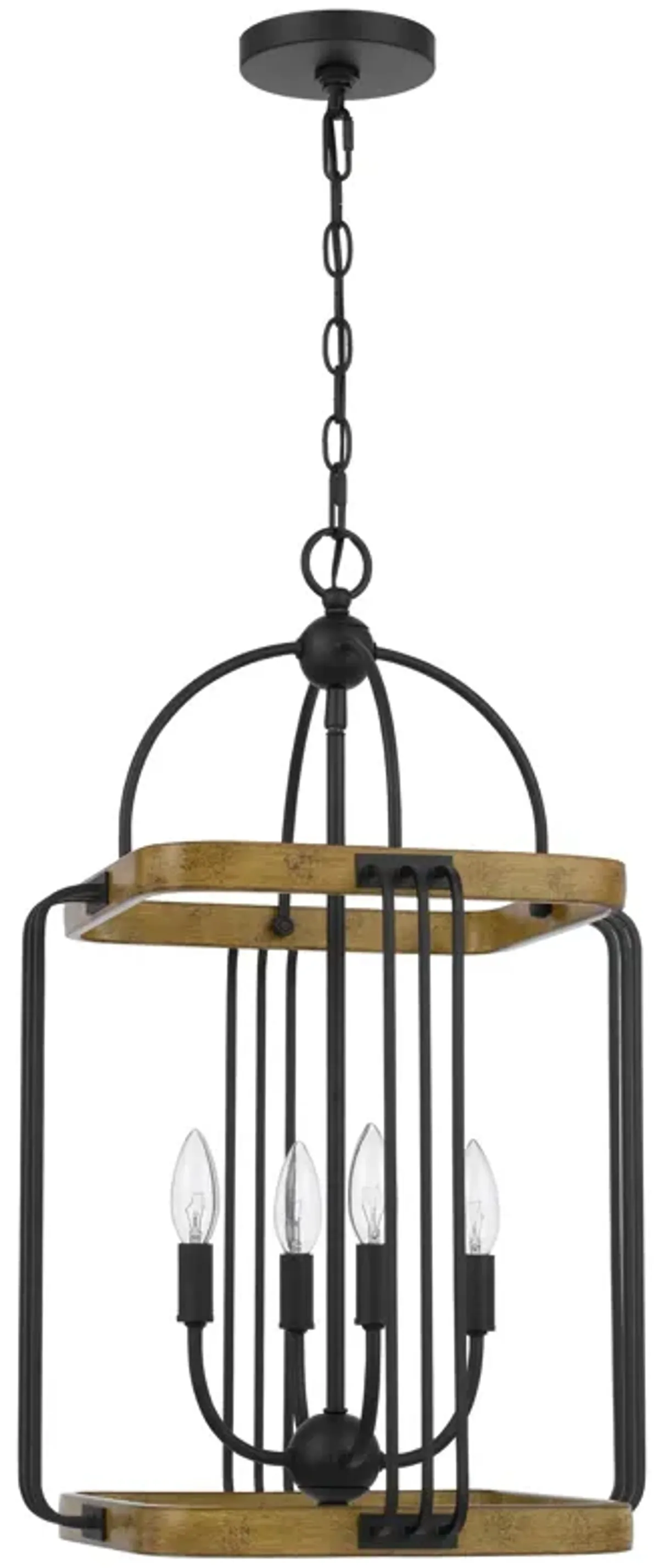 Rio 16 Inch Chandelier w Upturned Lights and Canopy, Wood, Black Metal - Benzara