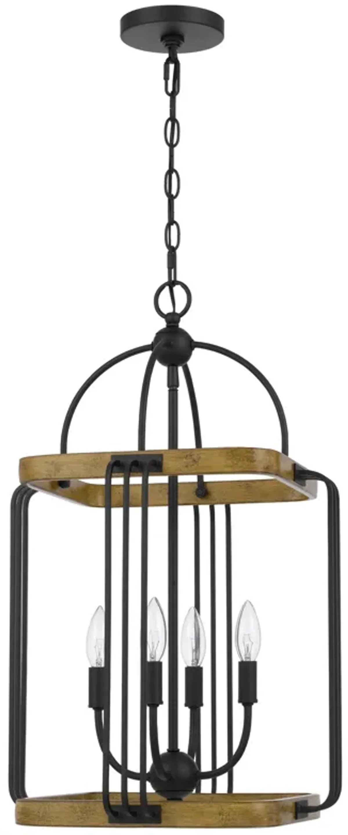 Rio 16 Inch Chandelier w Upturned Lights and Canopy, Wood, Black Metal - Benzara