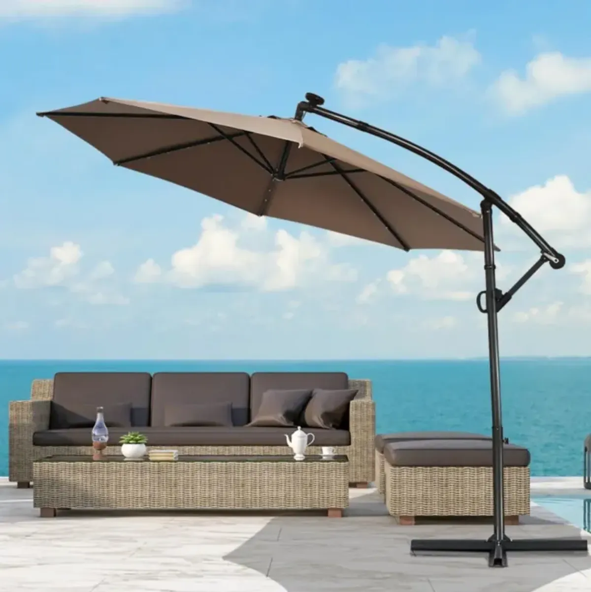 Hivvago 10 Feet 360° Rotation Solar Powered LED Patio Offset Umbrella without Weight Base