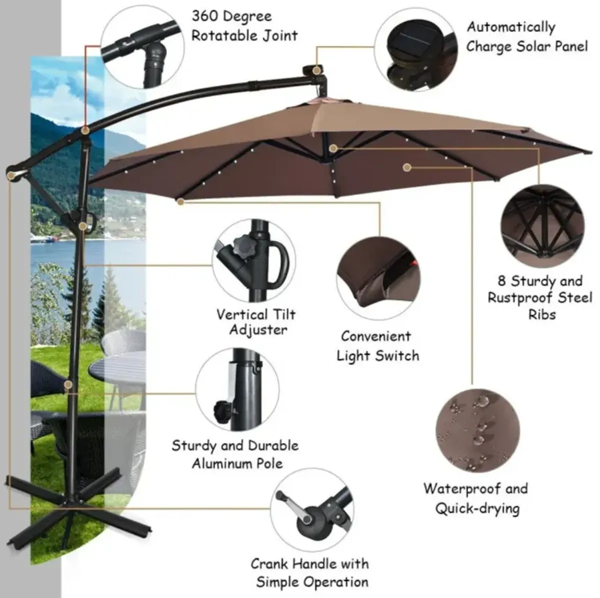 Hivvago 10 Feet 360° Rotation Solar Powered LED Patio Offset Umbrella without Weight Base