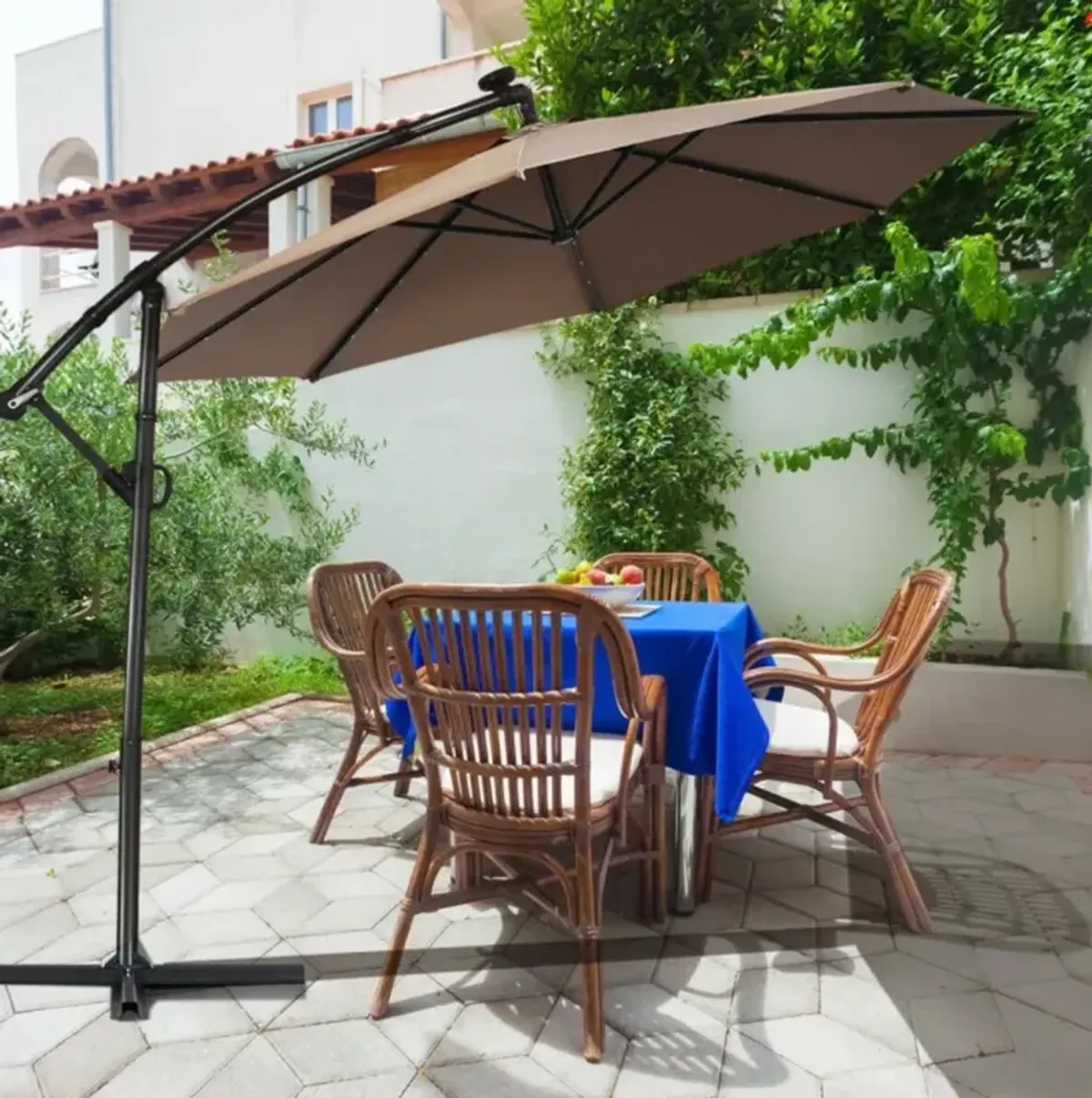 Hivvago 10 Feet 360° Rotation Solar Powered LED Patio Offset Umbrella without Weight Base